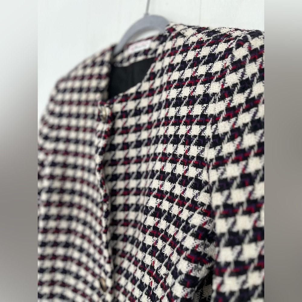 VTG Talbots Wool Tweed Blazer Black White Purple Red Houndstooth Blazer Size 12 - Picture 9 of 16
